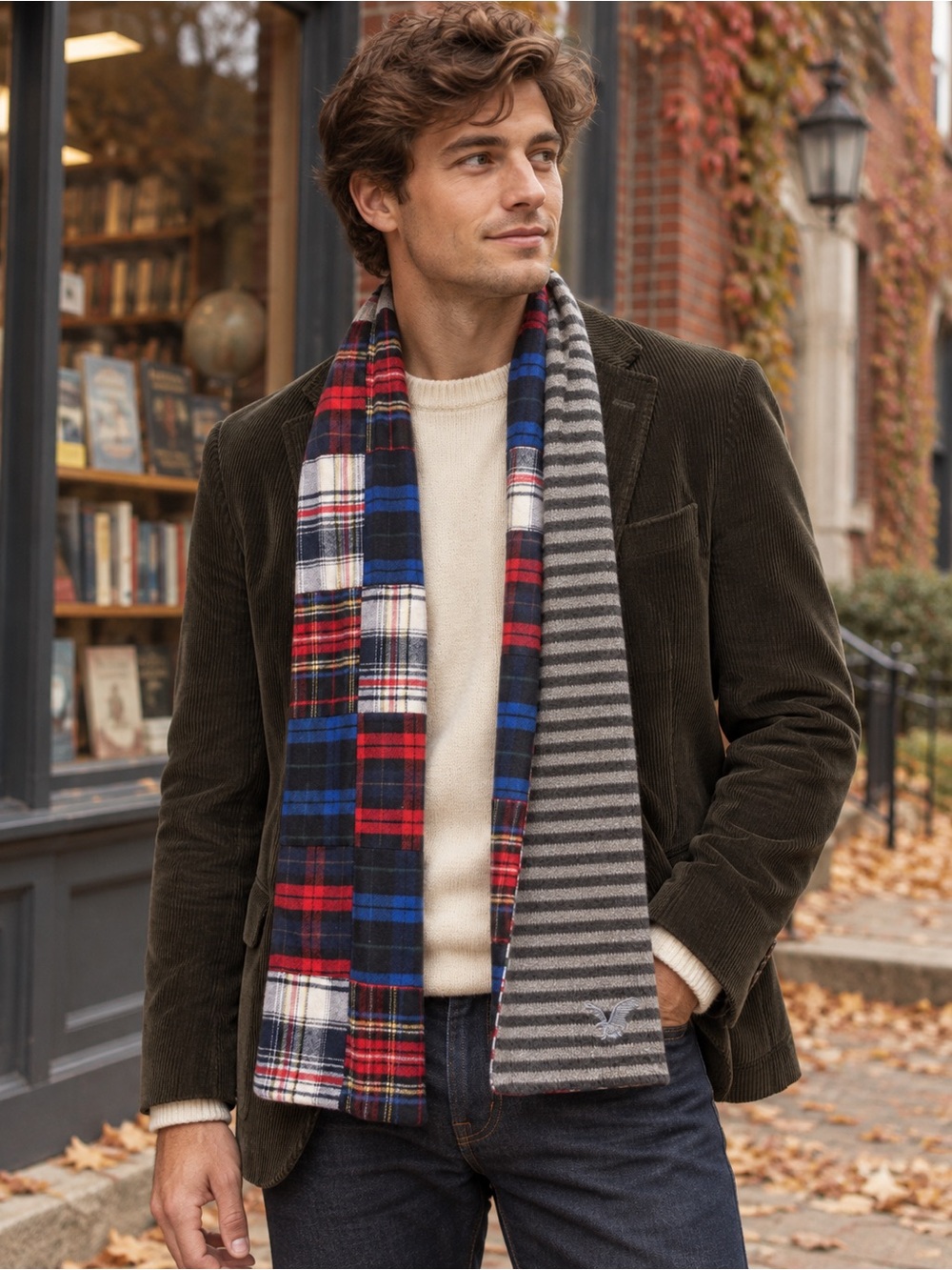 American Eagle Men’s Reversible Patchwork Plaid Striped Scarf Preppy Collegiate